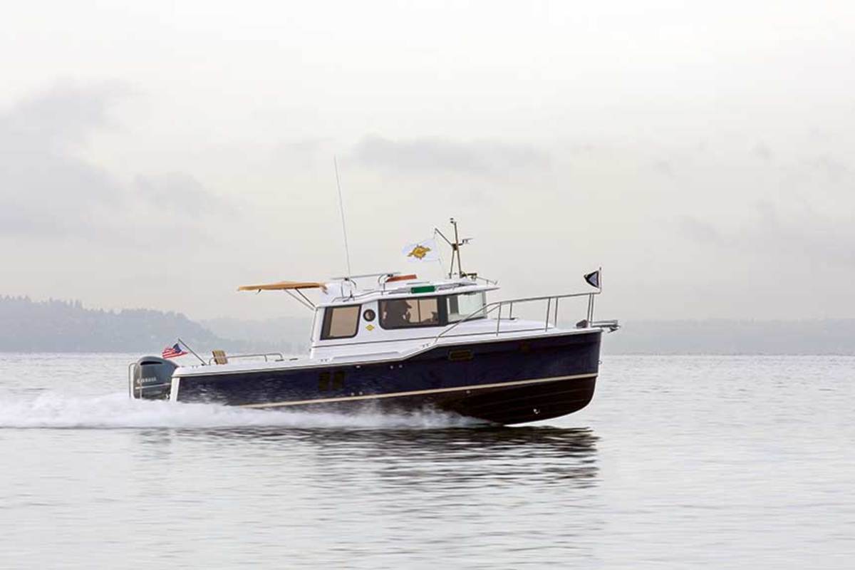 The new Ranger Tugs R-25 sports a 250-hp Yamaha outboard instead of a diesel inboard with a straight shaft.