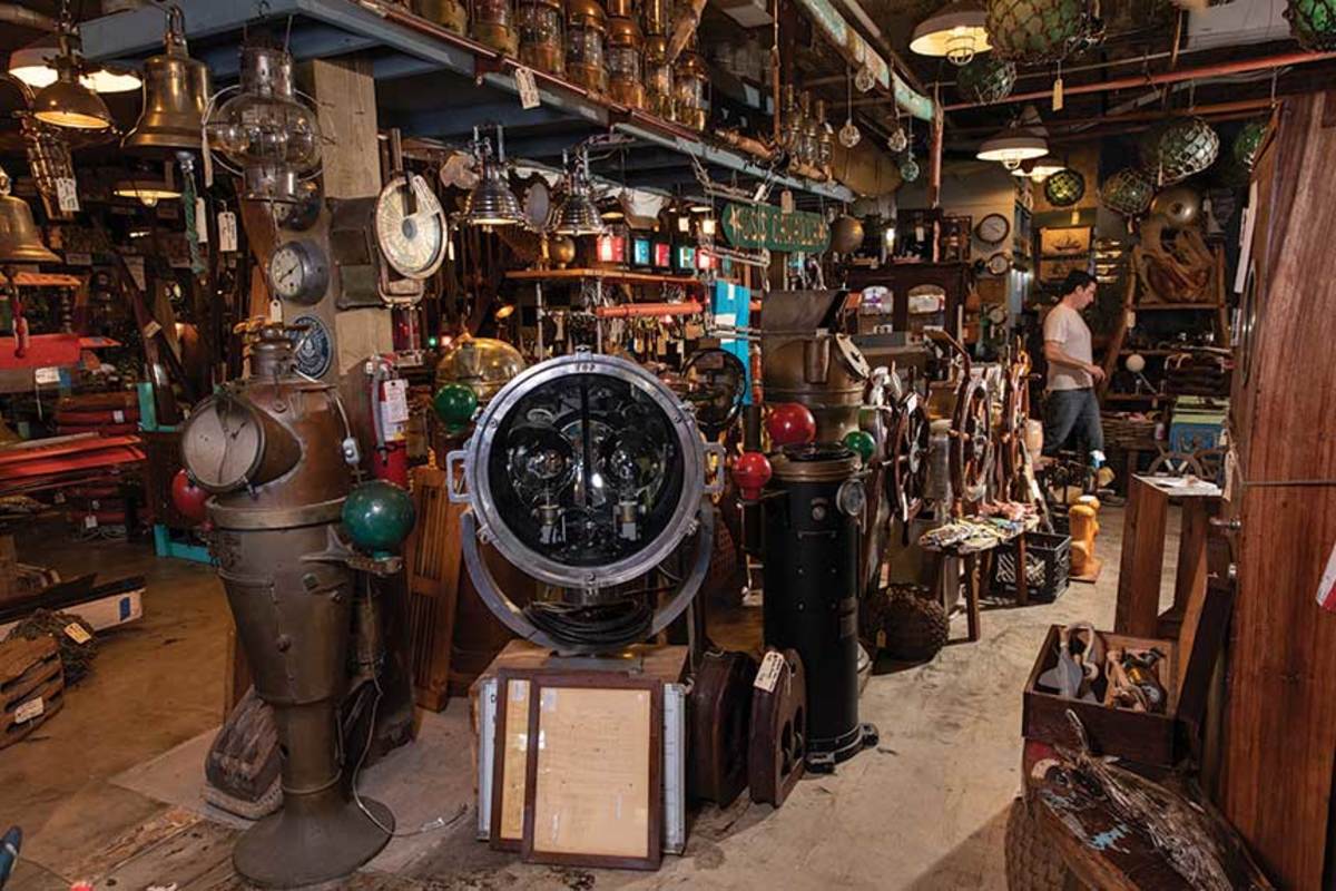 The Culpeppers’ shop in Galveston has everything from salvaged ship lights to large pilothouse wheels, which are becoming rare.