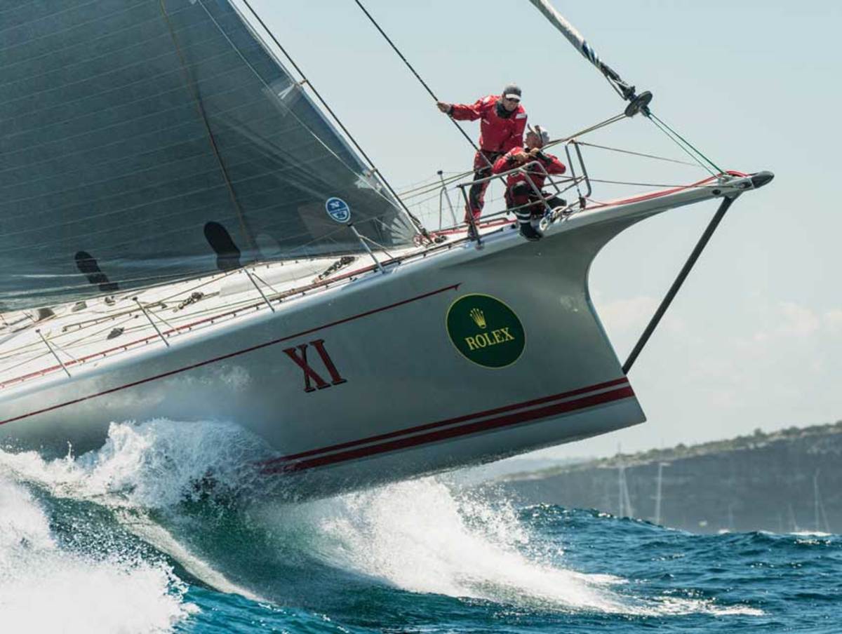 Richards (standing) on Wild Oats XI at the 2018 Sydney Hobart Yacht Race.