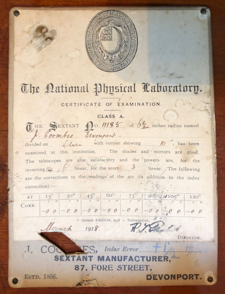 The certificate of inspection for a 1918 Silver Scale Vernier Sextant attests to the importance attached to the highest levels of accuracy expected from this vital (at the time) navigational tool.