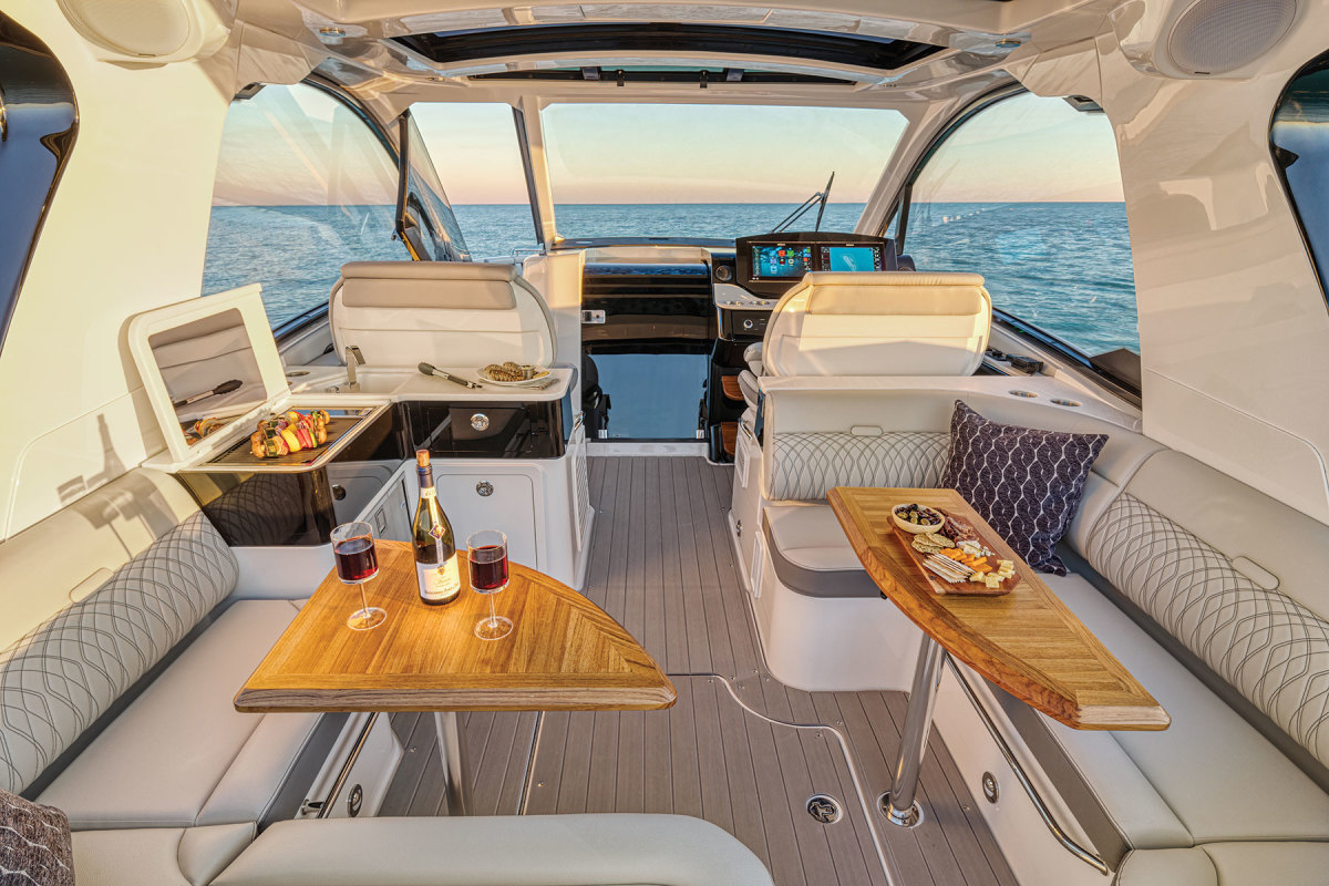 While the 370 has all of the entertaining features of a great day boat on deck, it also has a cabin for weekends aboard.  
