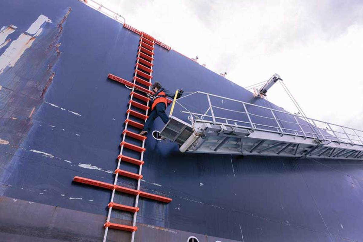 The most dangerous part of a pilot’s job is using the pilot ladder to get on and off ships at sea.