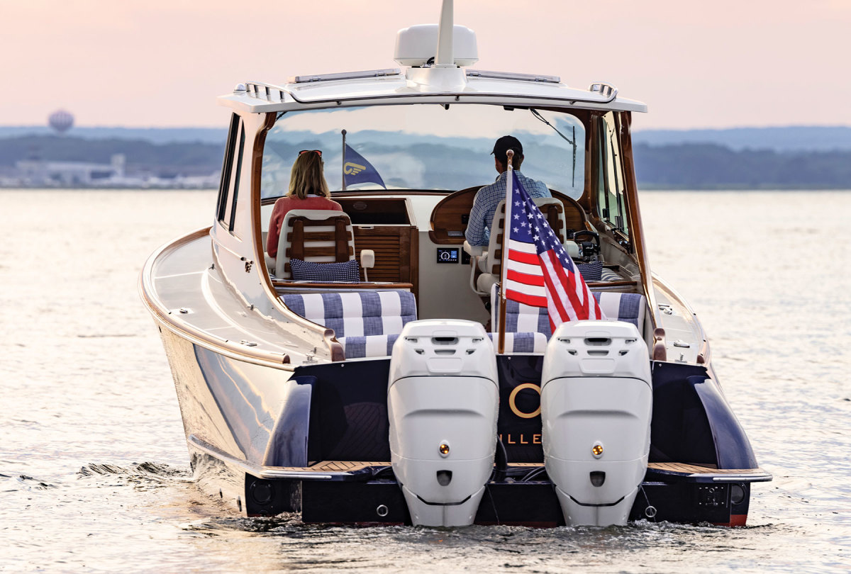 While twin 300-hp Mercury or Yamaha outboards come standard, most owners are opting for 350s for a bit of added performance.