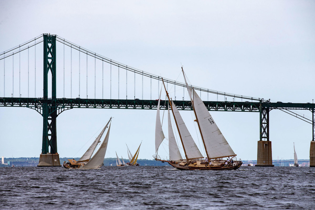 The dark schooner on the wind is the 59-foot Narwhal drawn by L. Francis Herreshoff. 