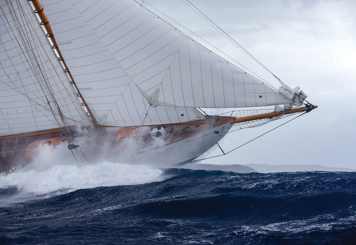Langley photographed the 1924 William Fife-designed Adventuress at the 2013 Antigua Classic Regatta in a blow that caused a half dozen vessels to retire with spar damage. 