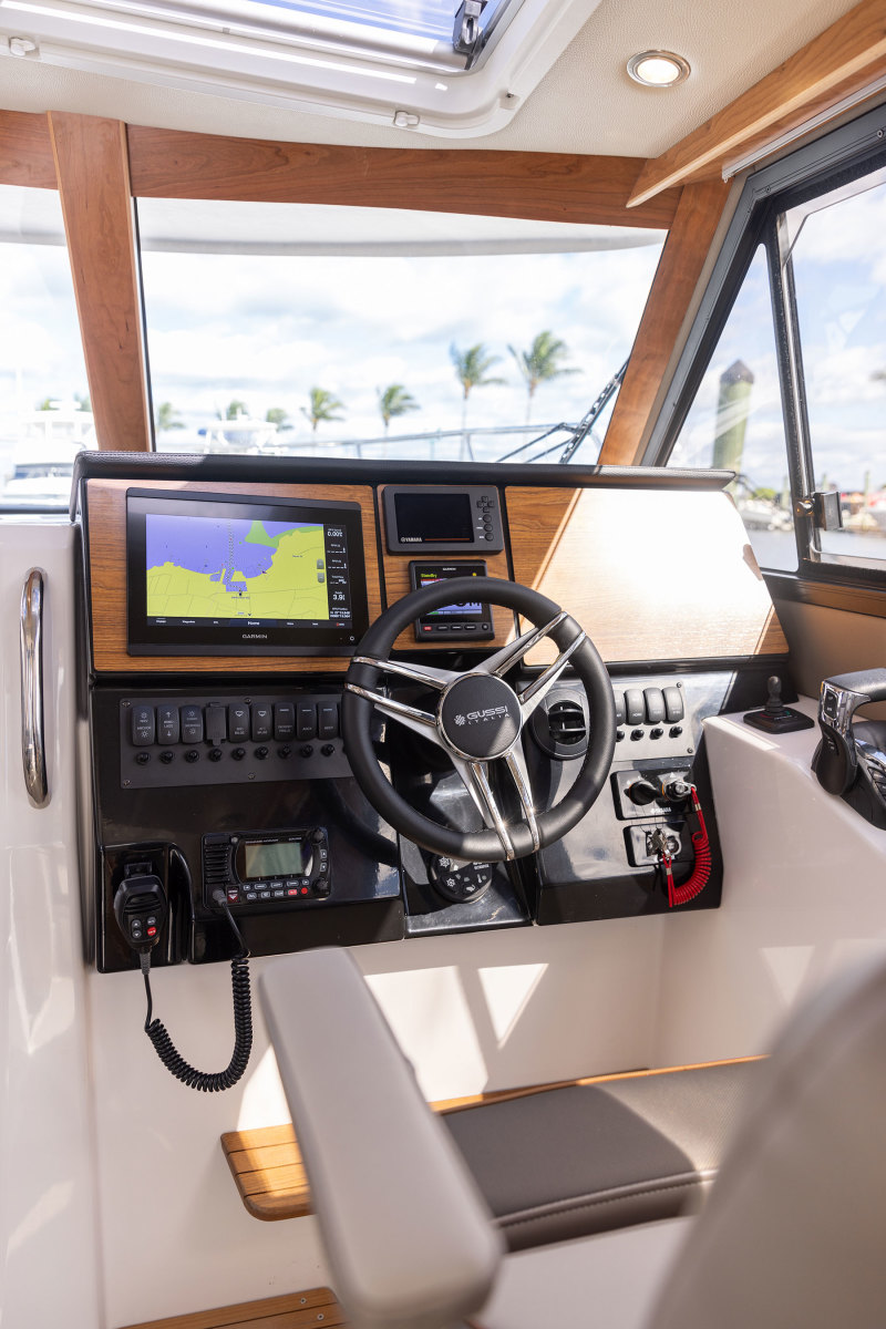 The helmsman controls two 250-hp Yamaha outboards.