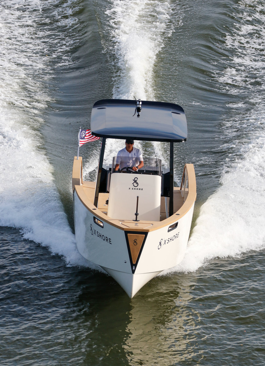 The X Shore Eelex 8000 blasts up the Severn River near Annapolis, Maryland, running at nearly 30 knots.