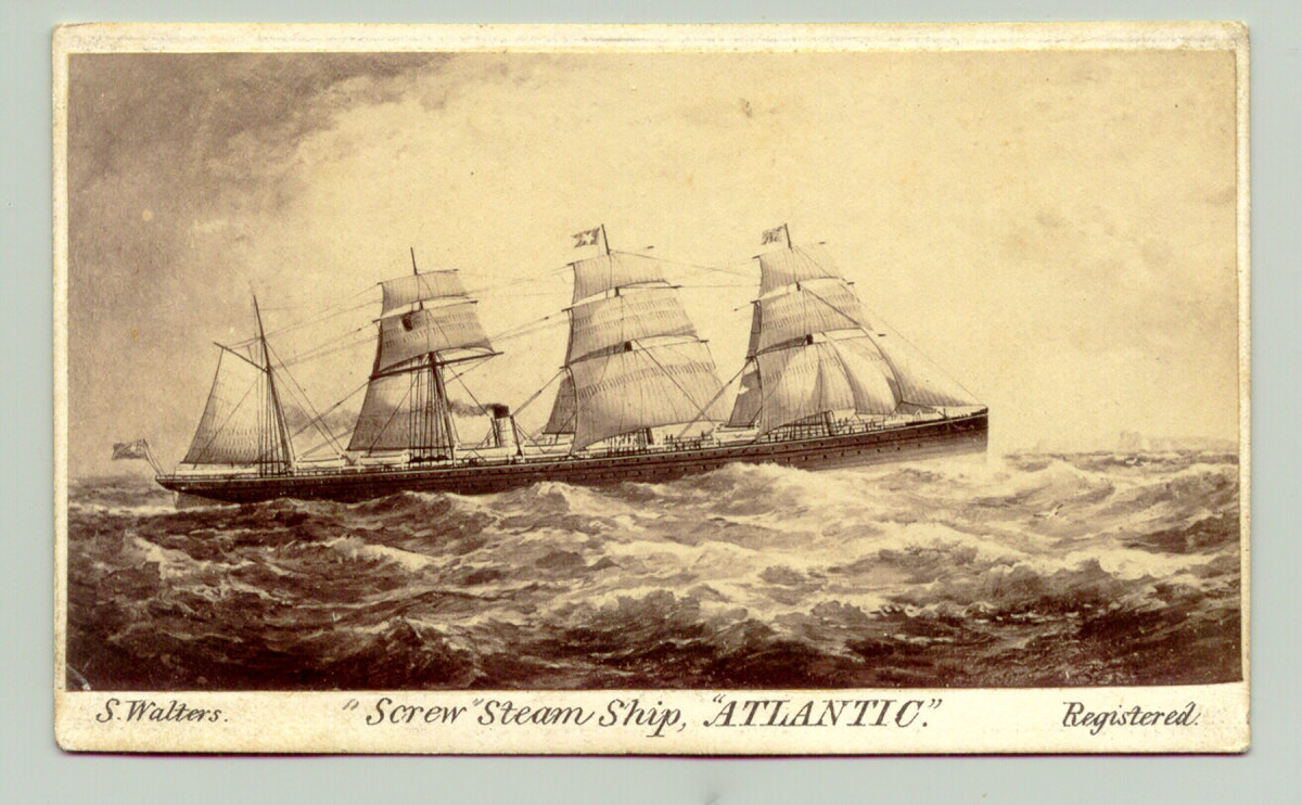 A trade card of the SS Atlantic under full sail