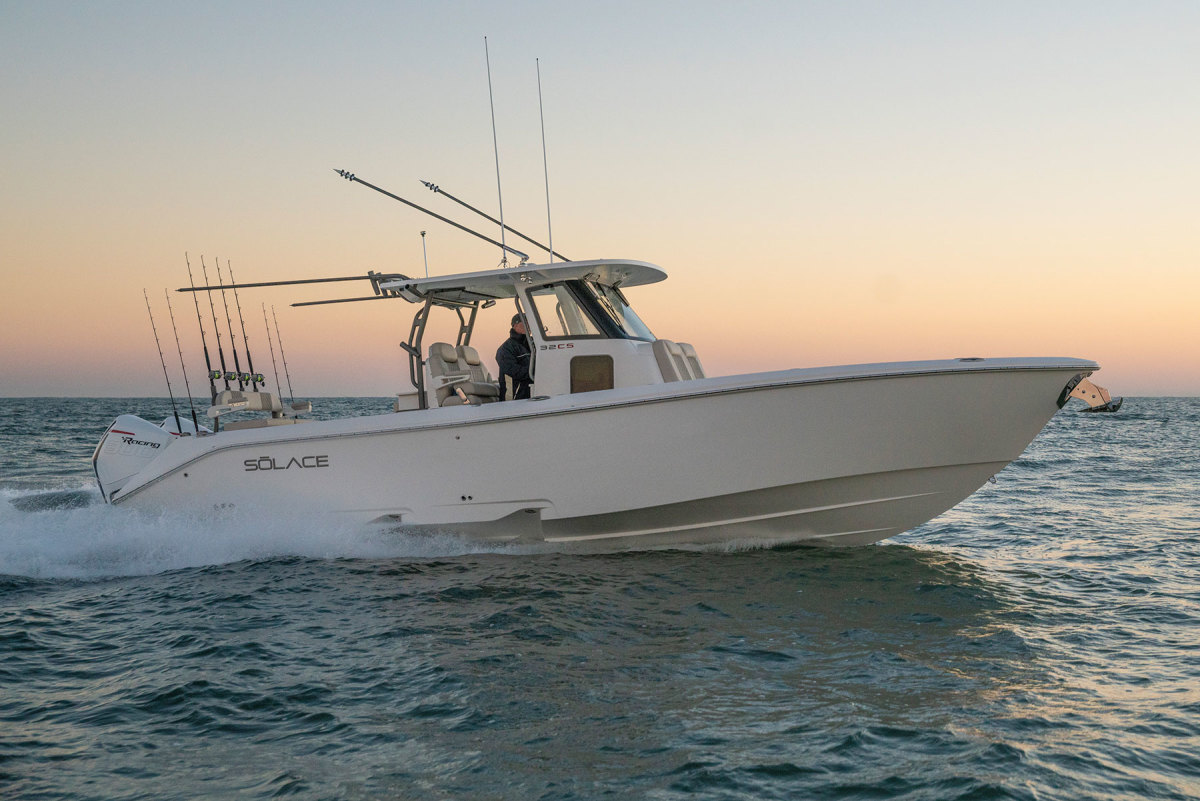 LOA: 32’7”
Beam: 10’3”
Draft: 24”
Weight: 10,500 lbs.
Max HP: 900
Price: $448,778, The new Solace 32 CS with twin-step hull can run 60 mph at top end with a pair of 300-hp outboards.