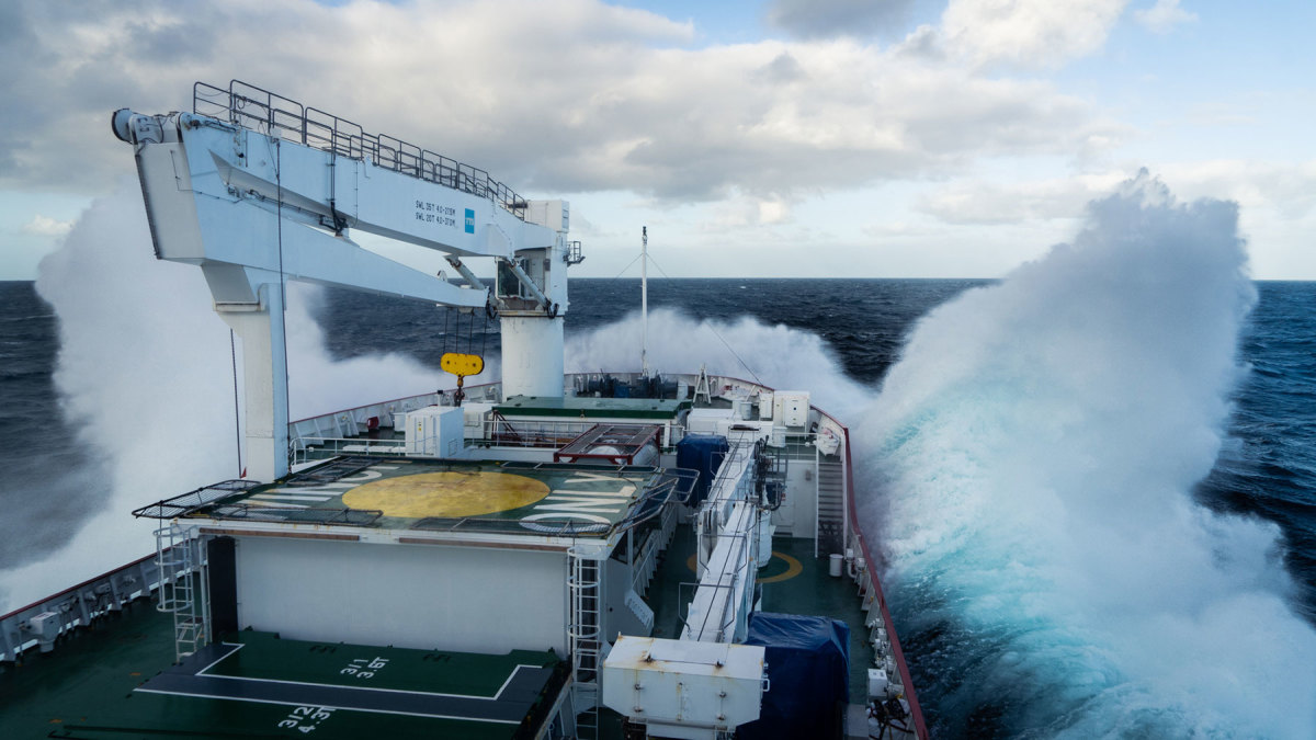 The 440-foot S.A. Agulhas II is shown traveling through the hostile environment of Antarctica, with its subzero temperatures, hurricane-force winds, icebergs and poor visibility. 