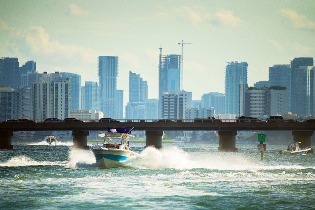 Haulover inlet, which runs under the A1A bridge and connects Biscayne Bay to the Atlantic Ocean, is chockablock with strong currents, waves and constant shoaling.
