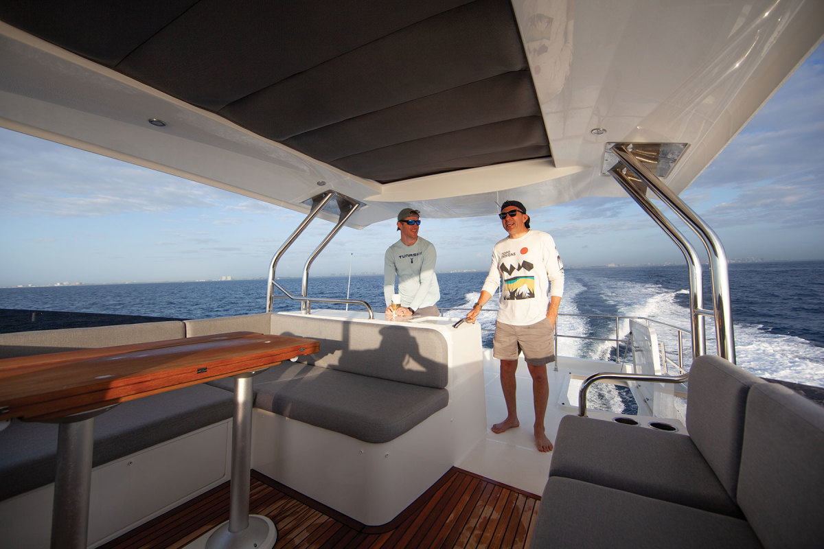 Harding and Moser enjoy the ride across the Gulf Stream on the 48’s flybridge