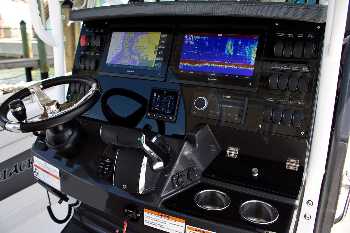 The command center at the helm includes two big multifunction displays.
