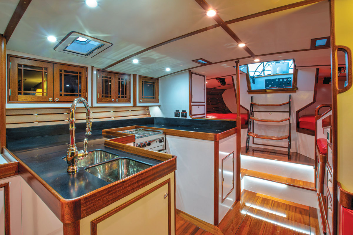 Running Tide’s interior has enough creature comforts to make her comfortable for family cruising.