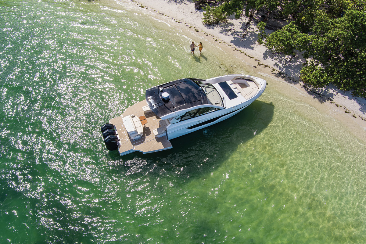 Beach doors expand the boat’s  already spacious beam of 14 feet, 6 inches to 21 feet. 
