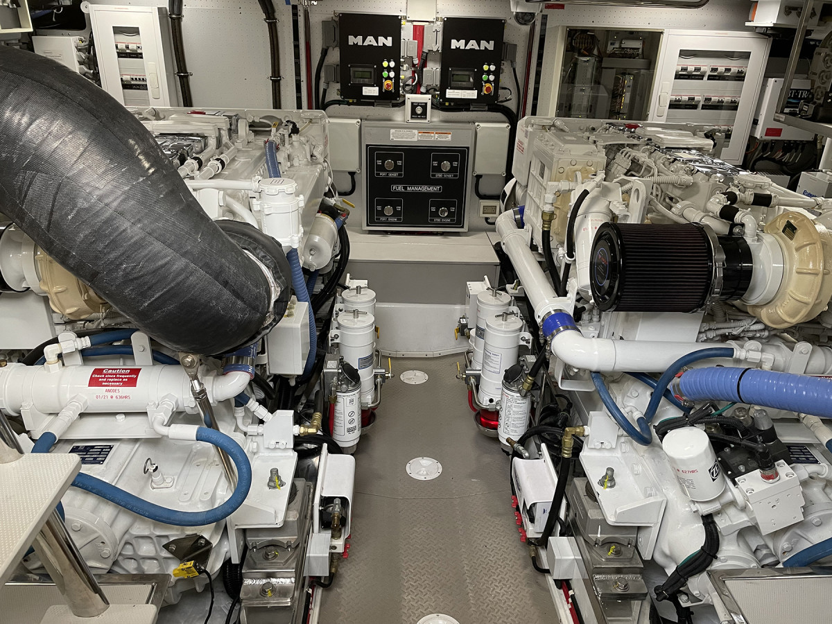 This engine room has computer-controlled, common rail, fuel-injected engines designed to operate at lower speeds without buildup in the exhaust.
