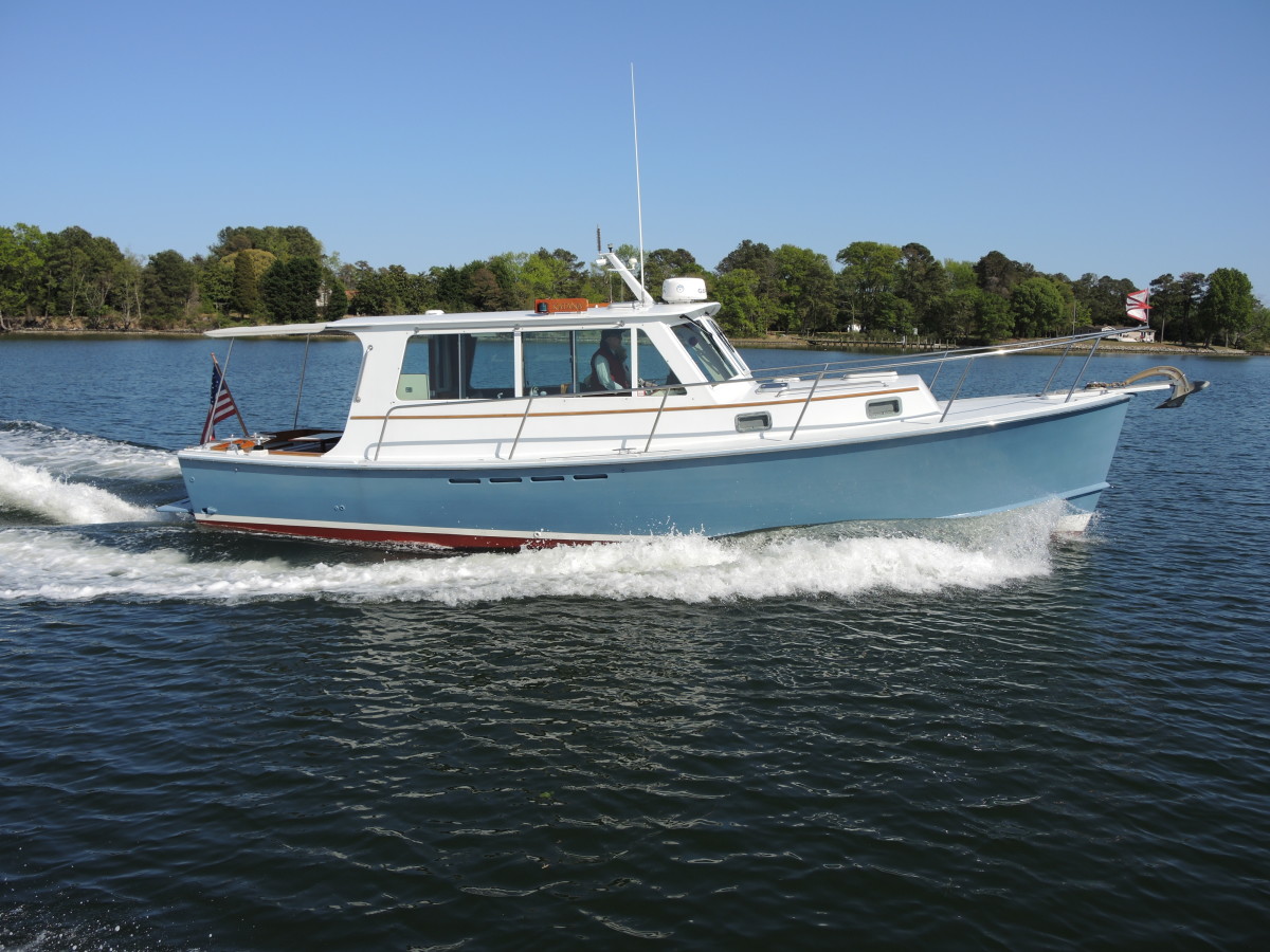 The Thomas Point 34 is offered in five versions that range from 30 to 44 feet. They’re all sturdy cruisers; some owners have used them to complete the Great Loop. LOA: 34’4”undefinedBeam: 10’7”undefinedDraft: 3’5”undefinedDispl.: 14,500 lbs.undefinedPower: (1) 330-hp Cummins 6BTA 5.9-M3 dieselundefinedFuel: 200 gals.undefinedWater: 70 gals.