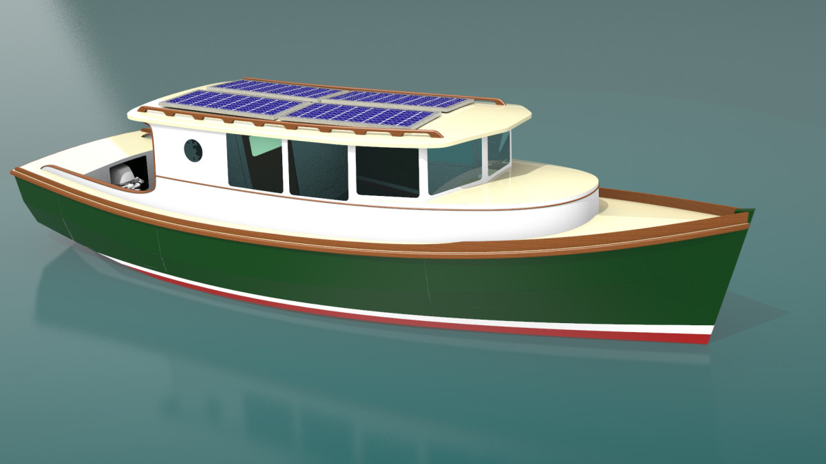 A 26-foot cruiser was designed for a 9.9-hp gas or 6-kW electric outboard.