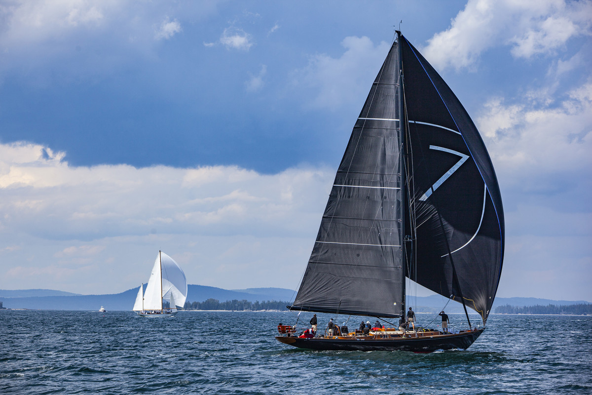 Zemphira, a 76-foot cold-molded sloop designed by Stephens Waring Yacht Design and launched by Brooklin Boat Yard and Rockport Marine in 2005 as Goshawk, flies her spinnaker.