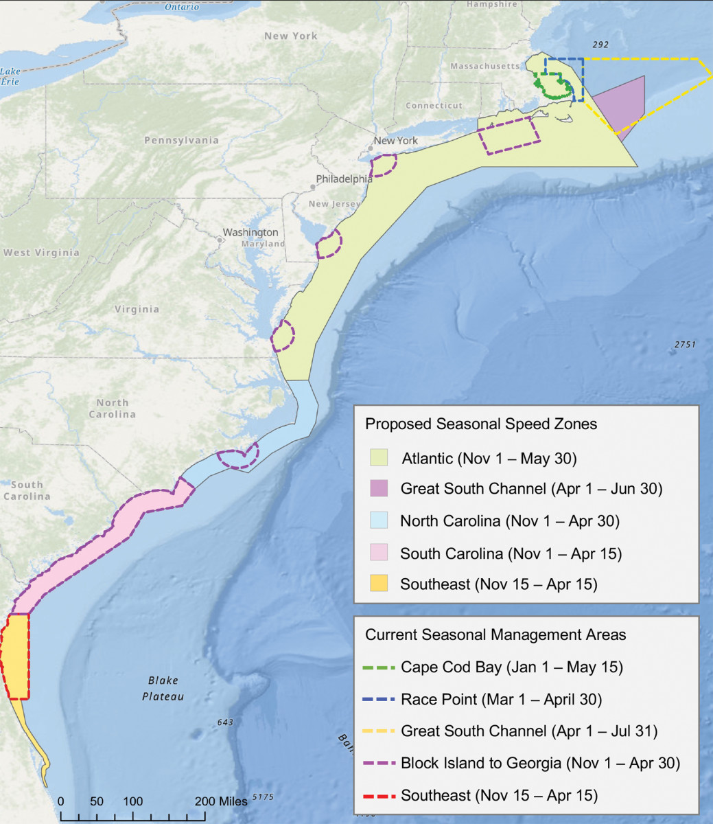 The map illustrates NOAA Fisheries’ proposed speed zone restriction areas along the East Coast, which could be applicable to boats from 35 feet up.