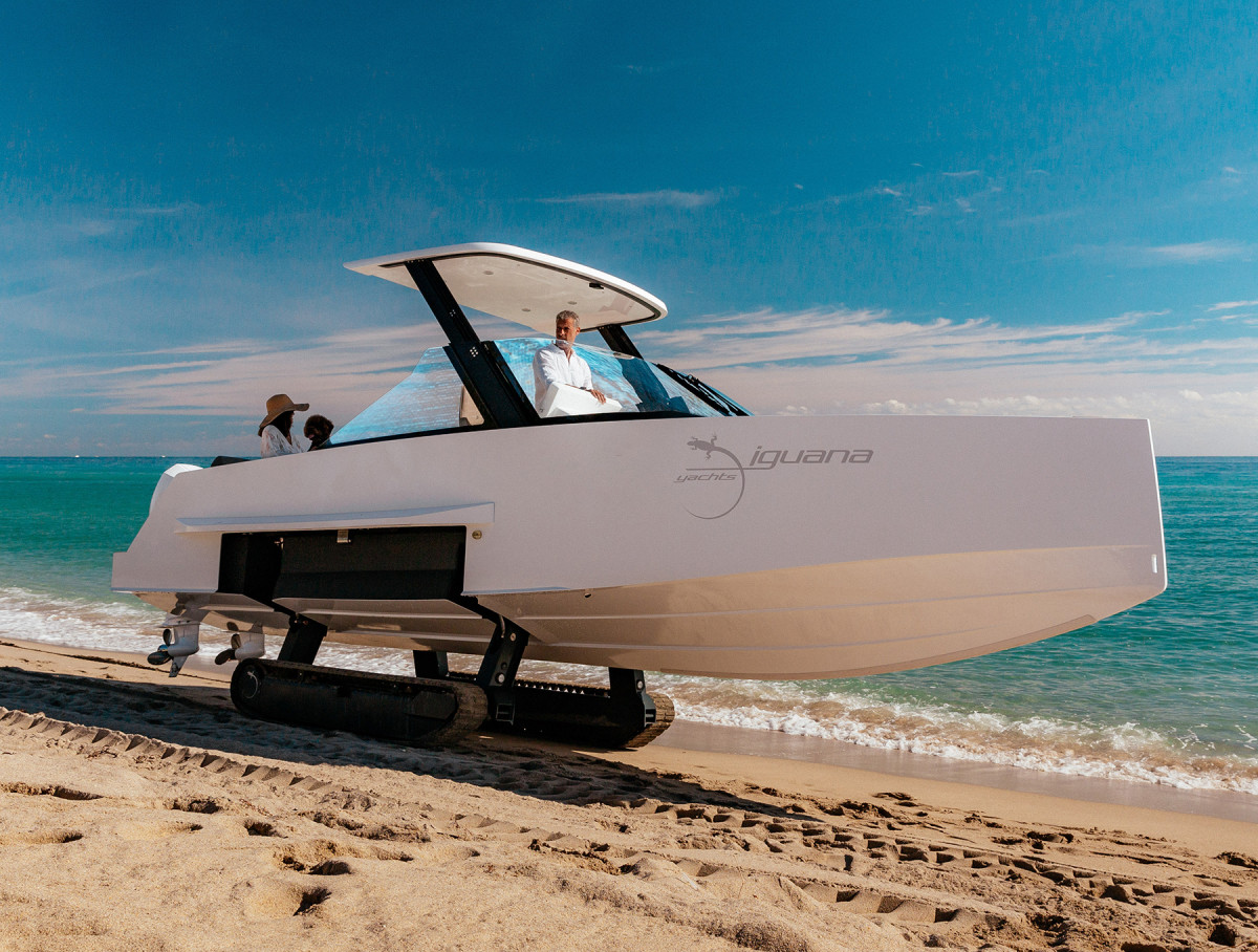 The Iguana Foiler is marketed as the world’s first fully electric amphibious boat 
