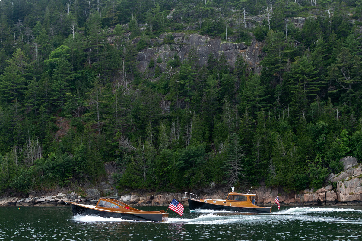 The Williams 28 and Jock’s Stanley 36 run side by side on Somes Sound. 